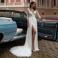 sexy boho wedding dress with high slit 34 sleeves v neck applique pleats sweep train backless chiffon beach bridal gown
