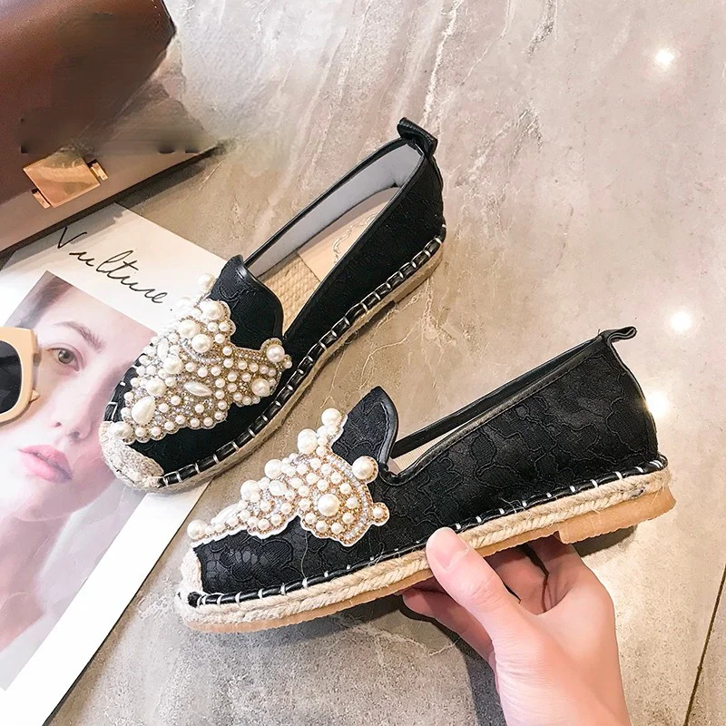 

2021 Spring Slides Women Shoes Pearl Loafers Flat Heel Shoes Lazy Cane Women String Bead Moccasin Mules Shoes For Women