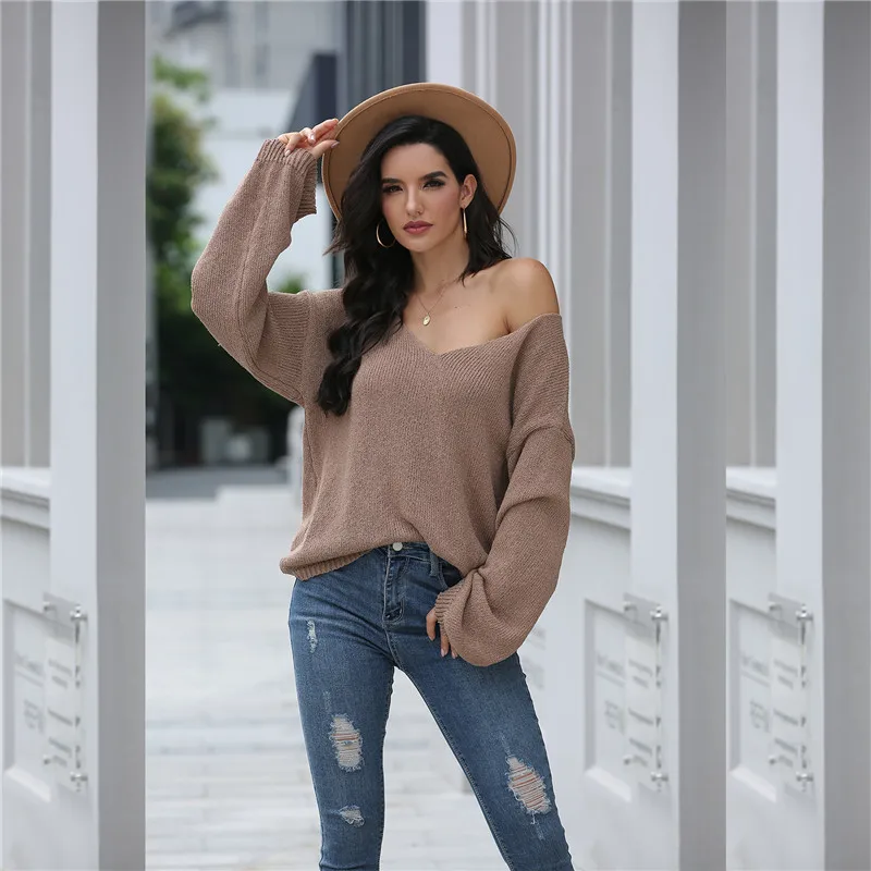 

Casual Sexy Women Loose Sweater 2020 Winter Elegant Off Shoulder V-neck Long Sleeves Sweater