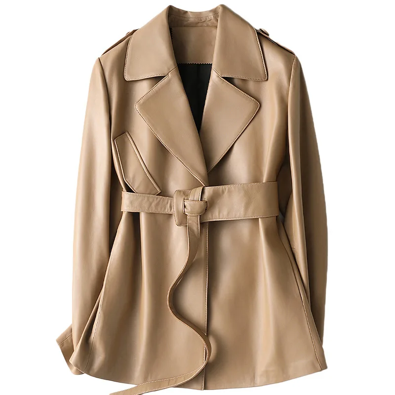 Women 2021 Spring New Female Office Real Leather Mid Length Jacket with Belt Fashion Sheath Temperament Khaki Sheepskin Coat