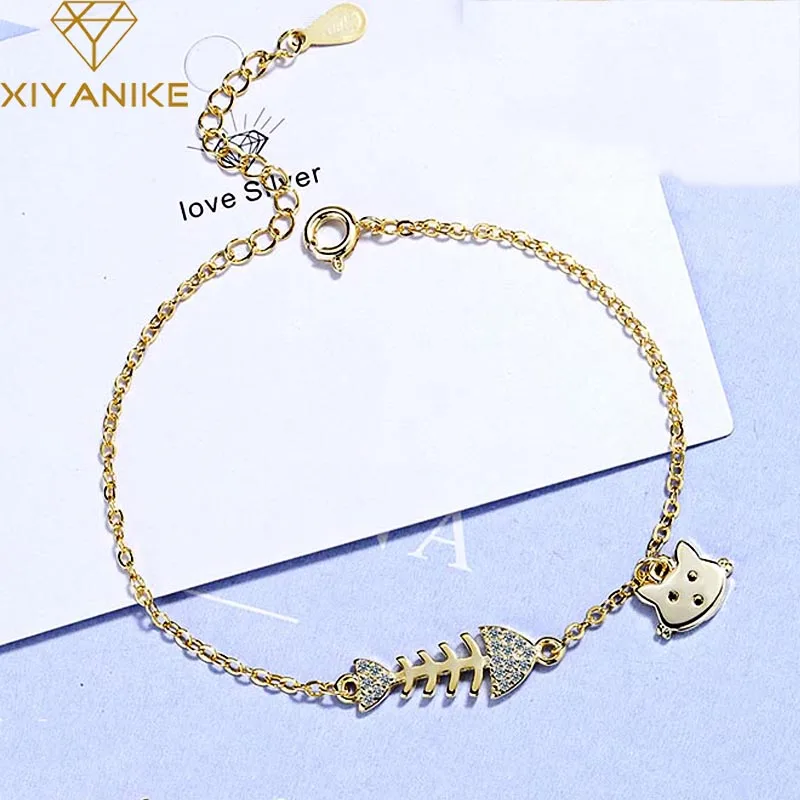 

XIYANIKE 925 Sterling Silver Korean Cute Cat Fish Crystal Bangles & Bracelet Trendy Party Jewelry Adjustable for Women Lady Gift