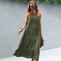 fashion solid color halter dress women summer clothing 2021 new fashion high waist hollow out stitching big swing midi dress