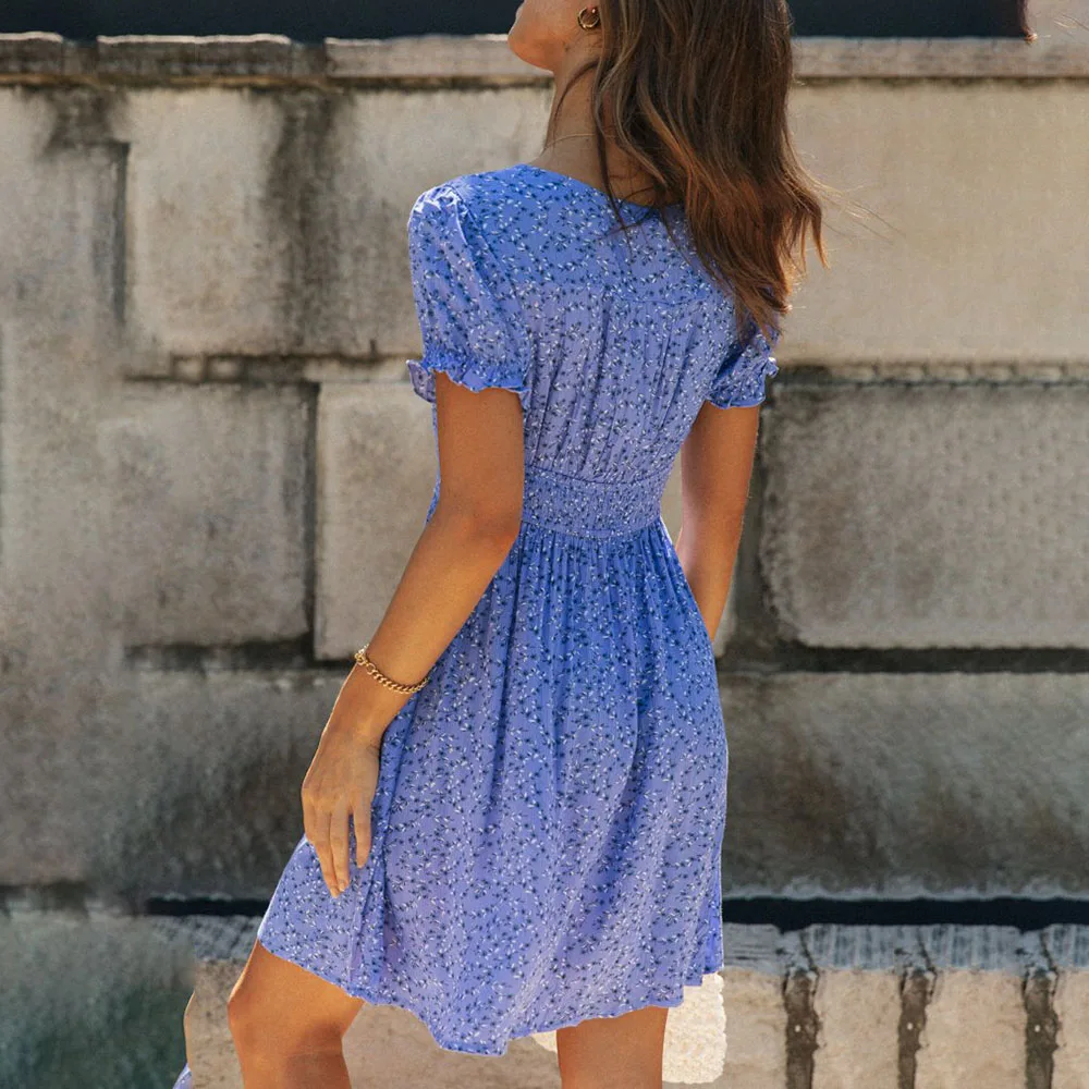 

Western Style Fashion Women's Dress 2021 Summer Loose Casual Simple Popular Thin Printing Buttons V-neck Summer Folds