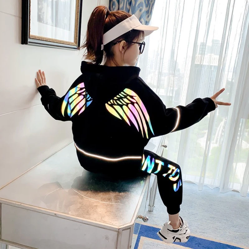 

4-15 Years Spring Autumn Children Girls Clothes Suit Reflective Wing Jacket Pants 2Pcs/sets Active Clothing Kids