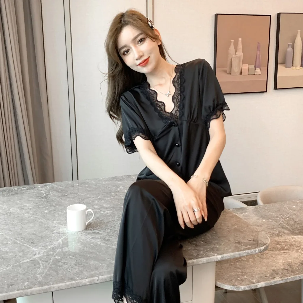 Short Sleeve Trousers Pajamas Women's Summer Ice Thin Korean Version 2021 New Spring Summer 2Pcs Set Home Wear Sleepwear