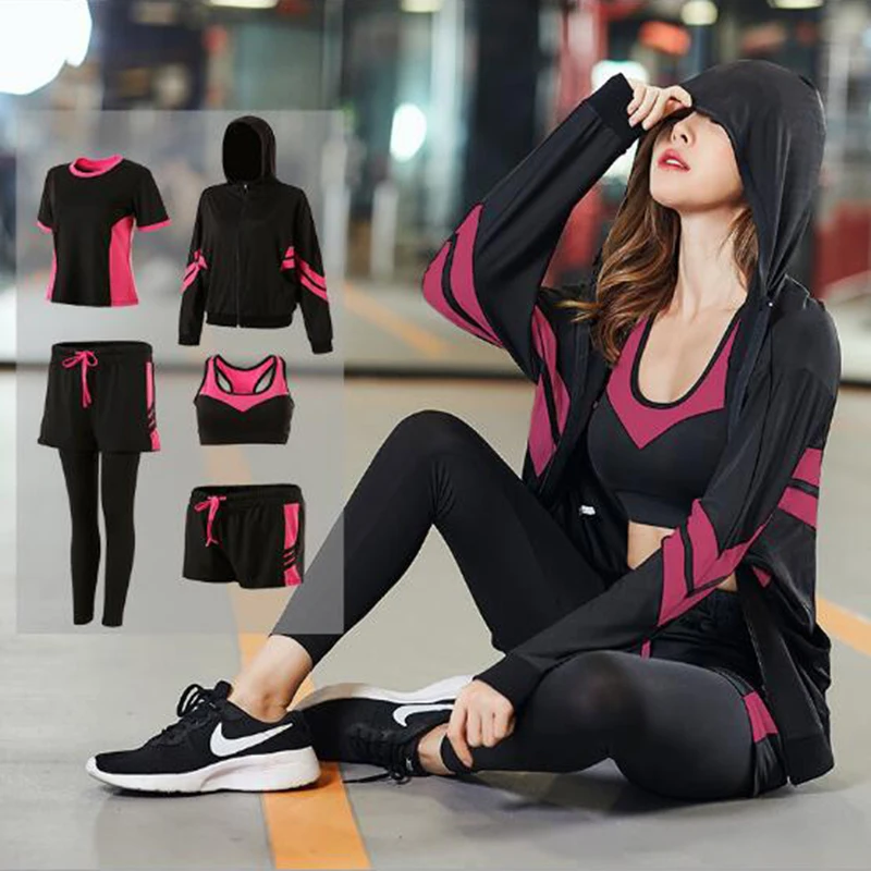 Женский спортивный костюм для йоги комплект из 5 предметов: бюстгальтер футболка