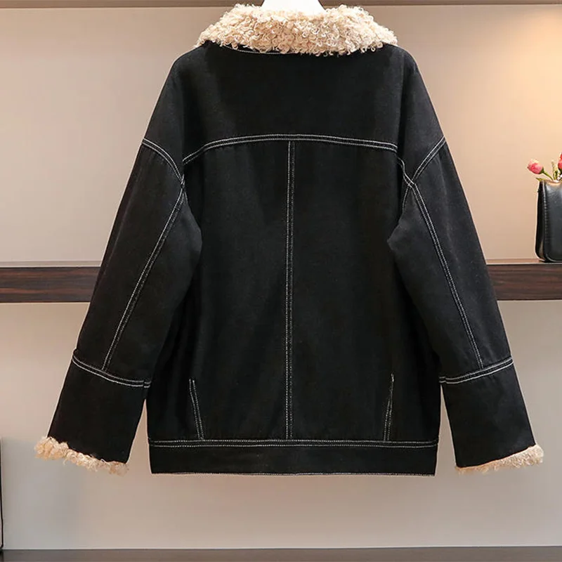 Женское теплое мягкое меховое пальто джинсовая черная куртка плюшевое