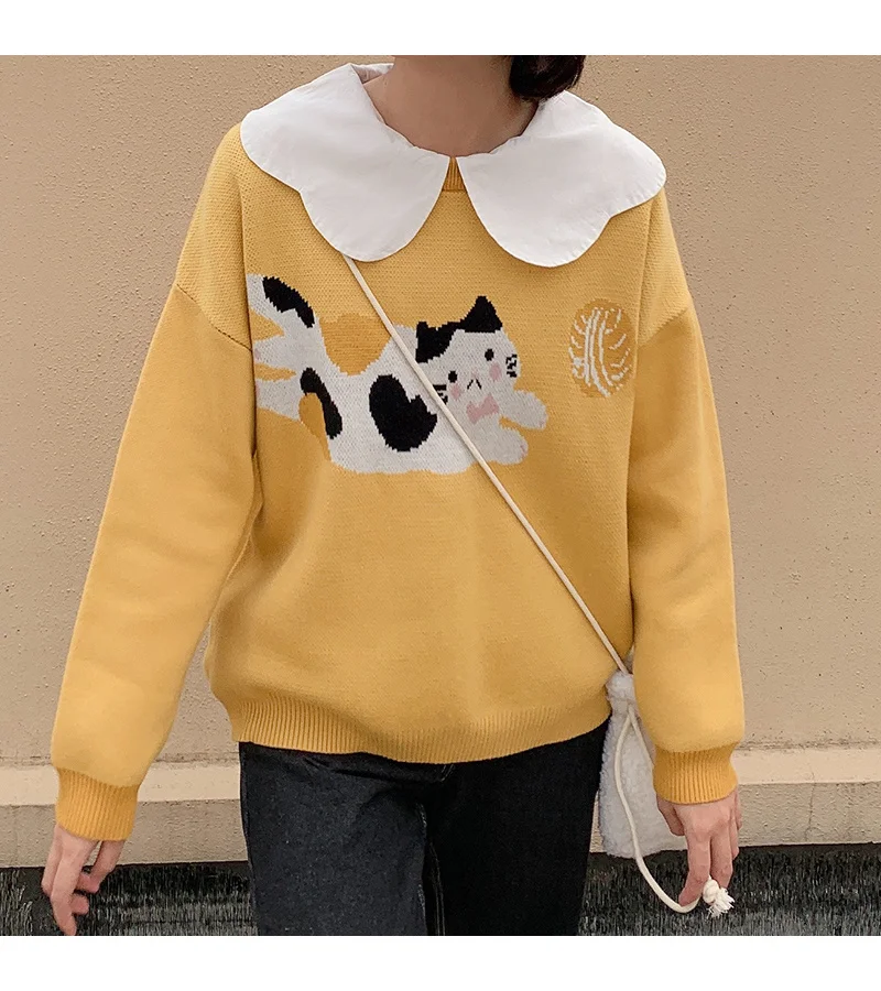 

JCHB Harajuku Fashion Winter Knitted Sweater Women Vintage Kawaii Cat Soft Girl Yellow Jumper Autumn Cozy Long Sleeve Cute Pullo