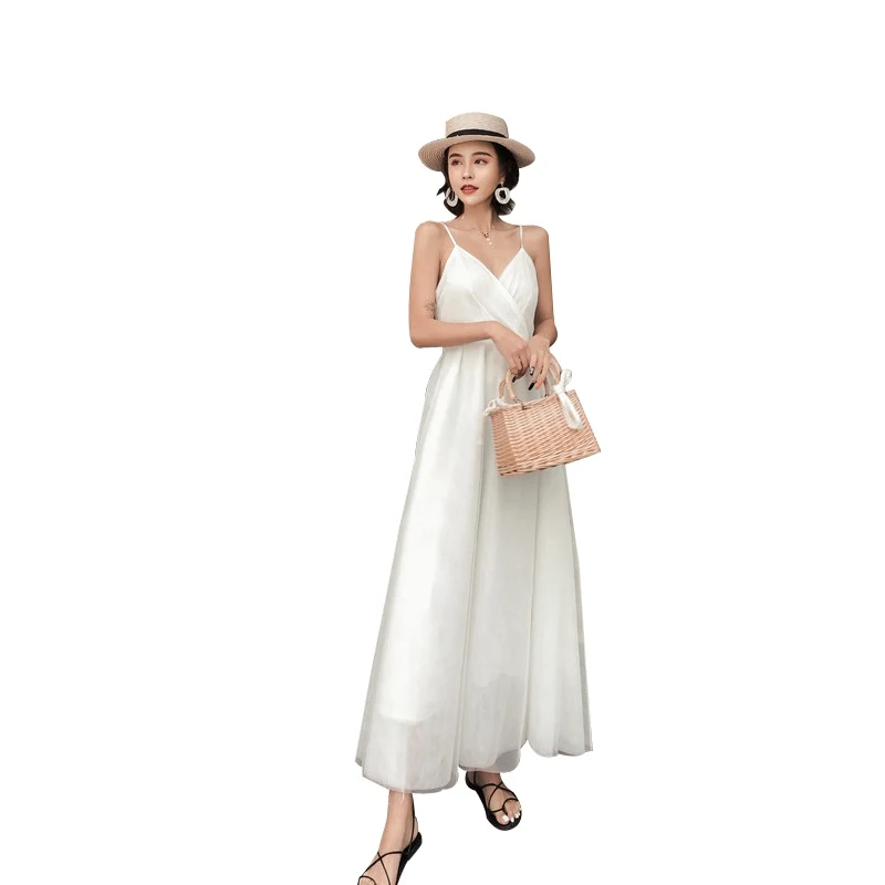 

Kimotimo Solid Fairy Sling Dress Women Korean 2021 Summer V-neck Long Ins Hot Seaside Vacation Beach Dresses Elegant Fashion