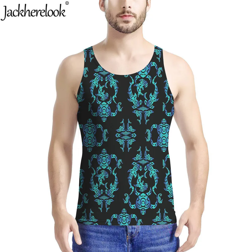 

Jackherelook Polynesian Sea Turtle Pattern Summer Fitness Tank Tops for Men's Sleeveless Clothing Bodybuilding Mesh Man Vest