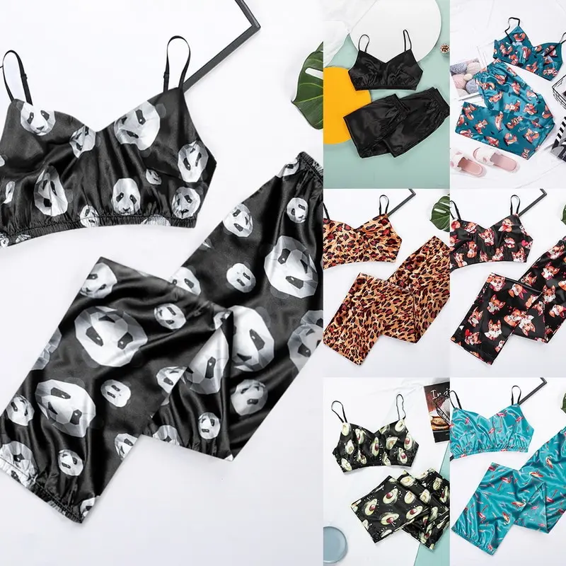 

WENYUJH Spaghetti Strap Fox Pajamas Print Summer Two Piece Set Top And Pants Sleepwear Satin Women V Neck Sexy Nightwear Pattern