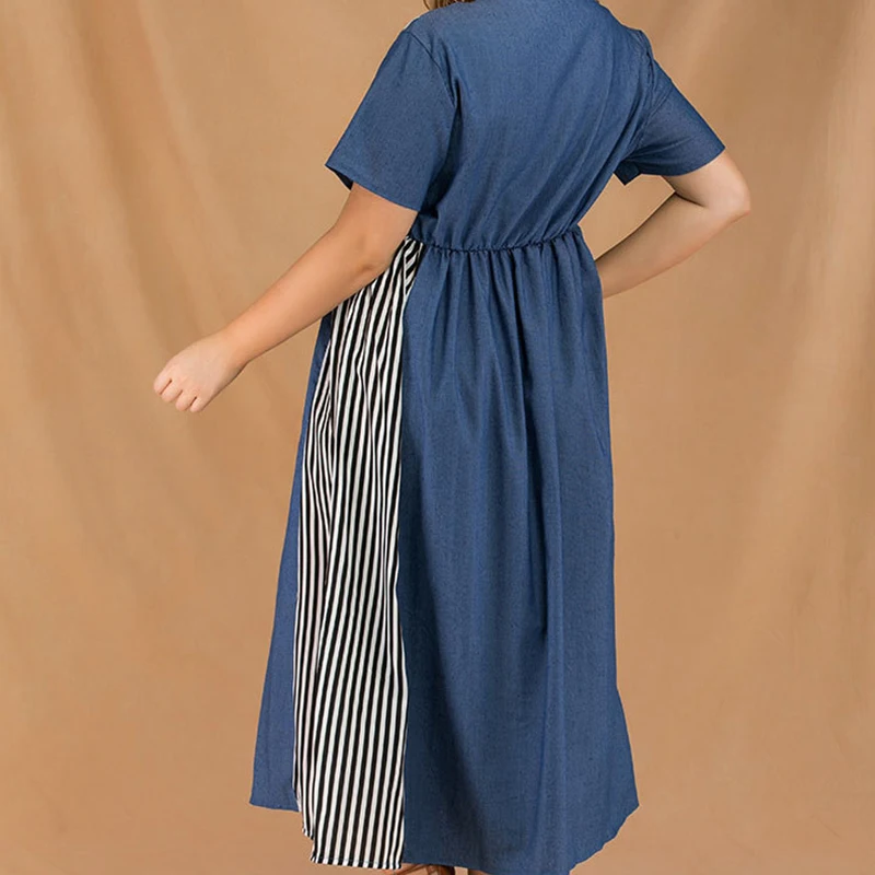 Summer Round Neck Short Sleeve Stitching Striped Elastic Waist Dress Plus Size Women Clothes Stripe Splicing Hedging Long Dress