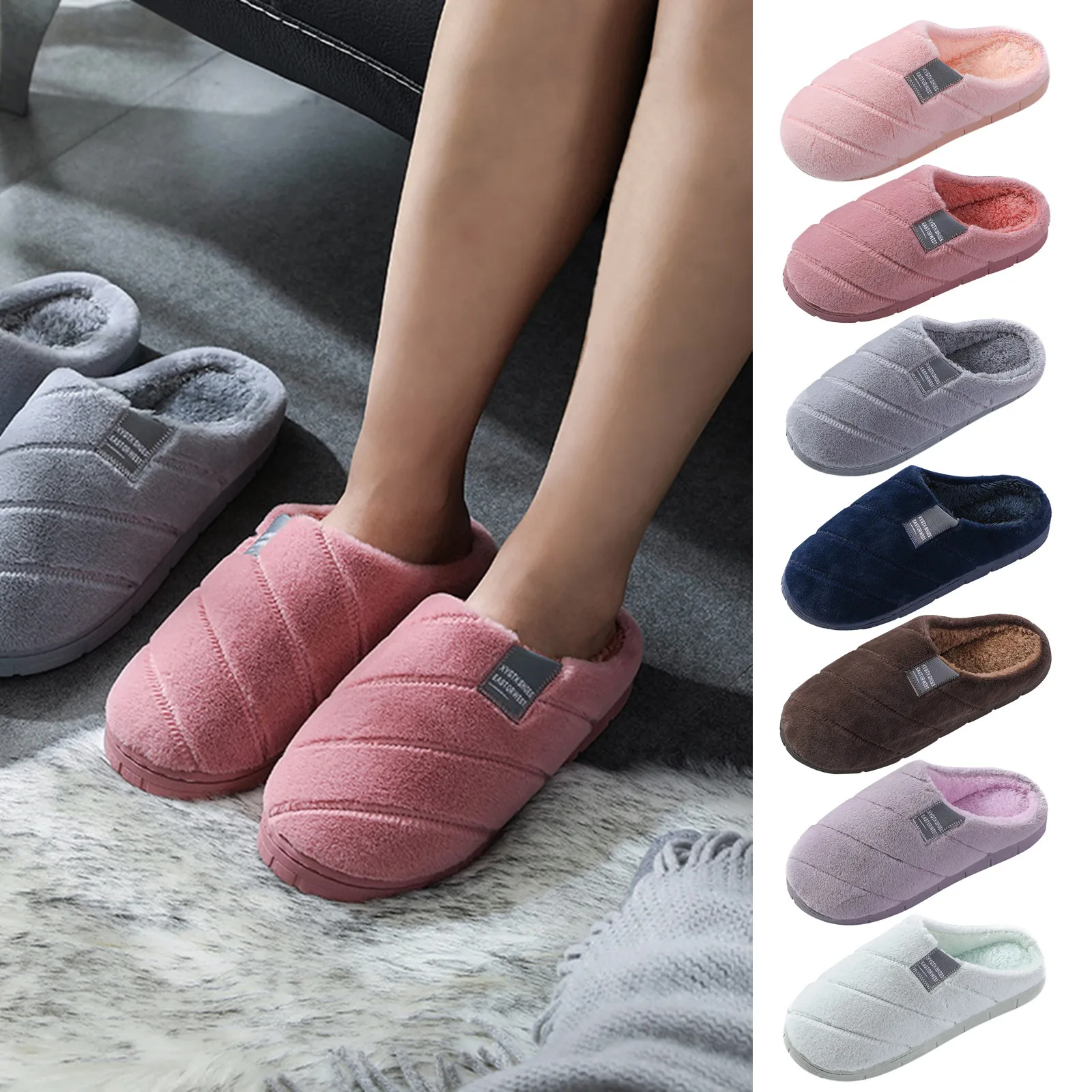 

2021 Women's Slipper Solid Color Autumn Winter Home Slipper Women Warm Indoor Beadroom Slides Men Stripe Cotton Slippers