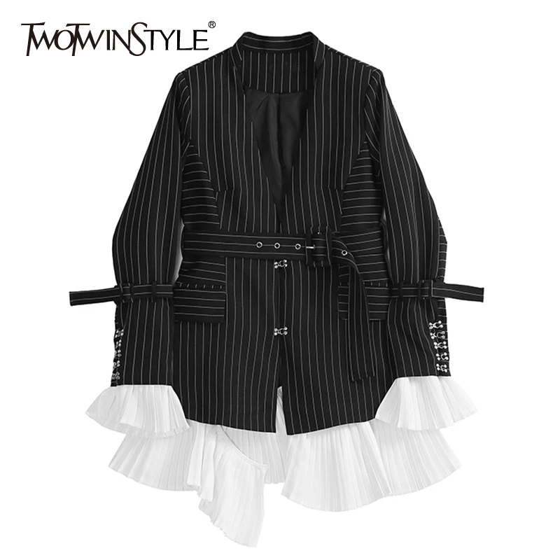 TWOTWINSTYLE, новинка, Осень-зима, лацкан, длинный рукав, черный, в полоску, подол, оборки, стежка, свободная куртка, Женское пальто, мода