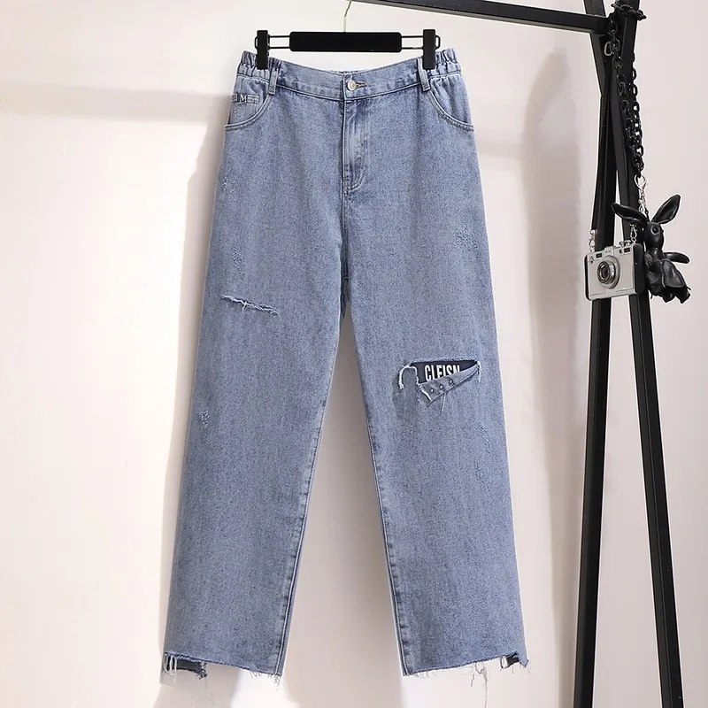 

Large Size Women's Fat Mm2020 New High Waist Hollow Out Loose Leisure Hole Denim Pants Straight Wide Leg Casual Women's Pants