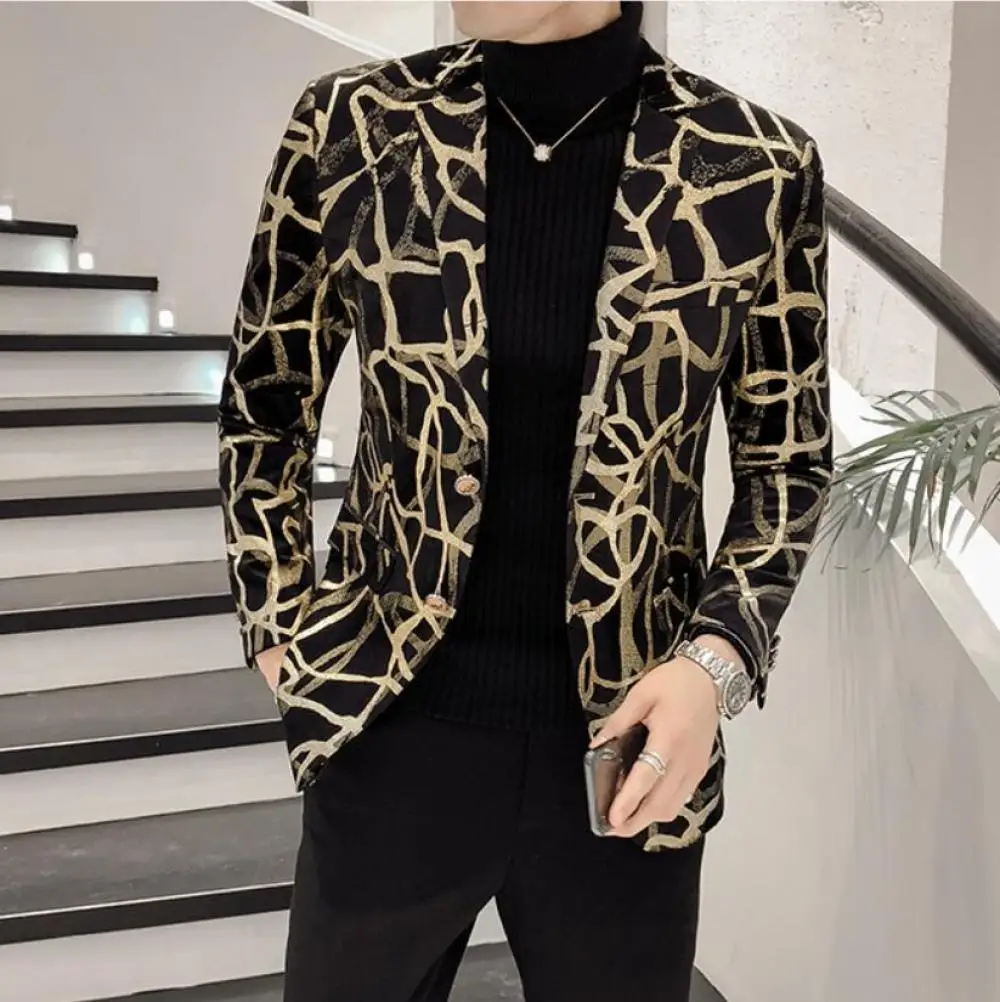 European Style Irregular Printing Men Stage Catwalk Trend Blazer Fashion Large Size Single-breasted Casual Blazer