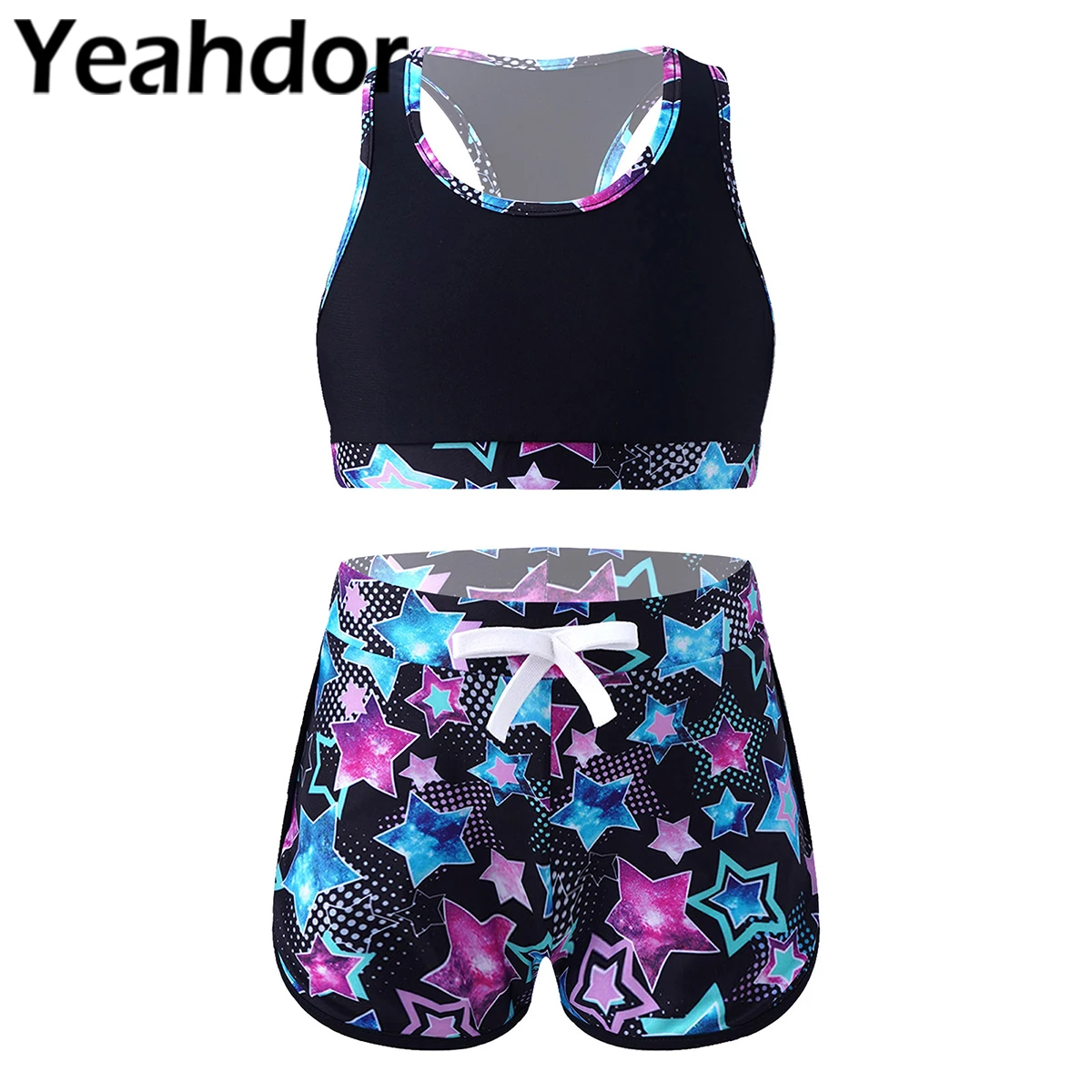 

2021 Kids Girls Print Bathing Suit Swimwear Sleeveless Racer Back Crop Tops and Shorts Set Beachwear Swimming Sport Outfit