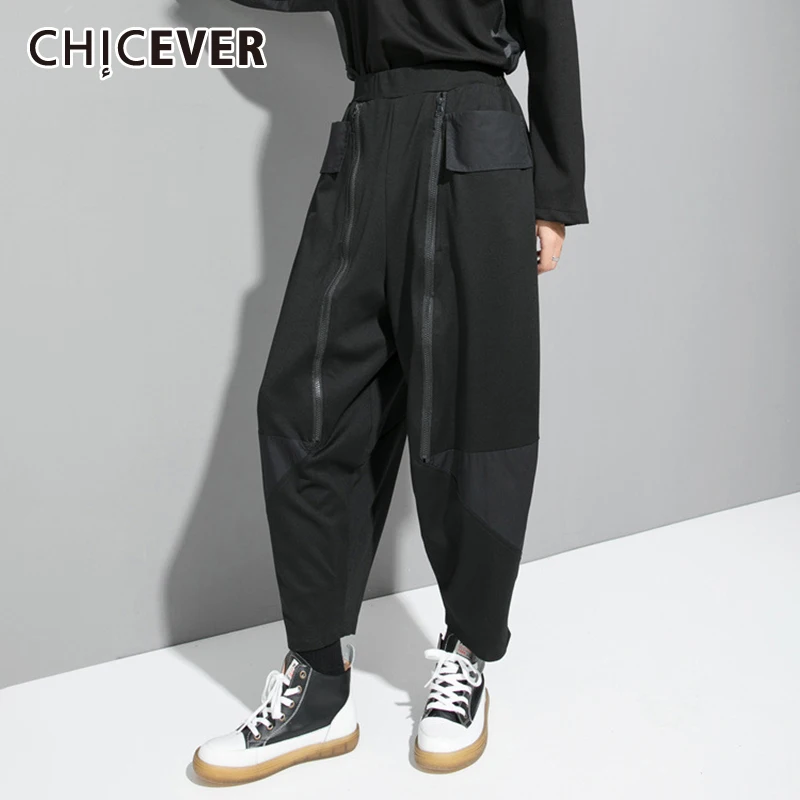 

CHICEVER черные узкие брюки для женщин с высокой талией Свободные Лоскутные однотонные брюки на молнии для женщин 2021 корейская мода новинка осень