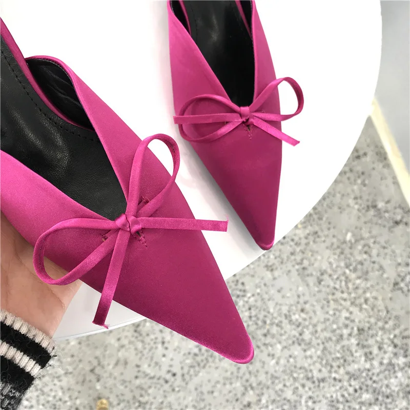 Тапочки с острым носком женская обувь на каблуке кошка шелковые шлепанцы без