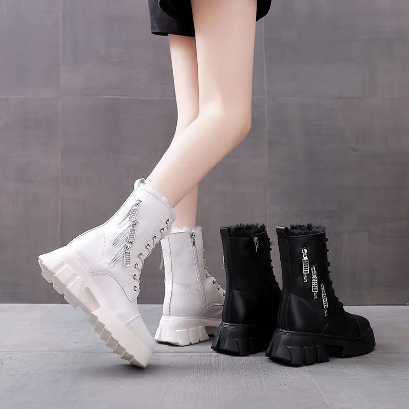 Leather Boots Women Punk Style Platform Boots Wedges Shoes for Women Black White Shoes Woman Snow Boot Warm Winter Fashion Shoes