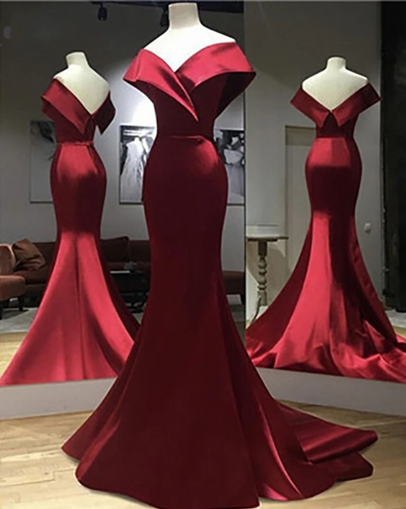 

2020 Wine Red New Evening Gowns Mermaid Off Shoulder Prom Party Dress Sweep Train Satin Long Maxi Simple robe de soriee
