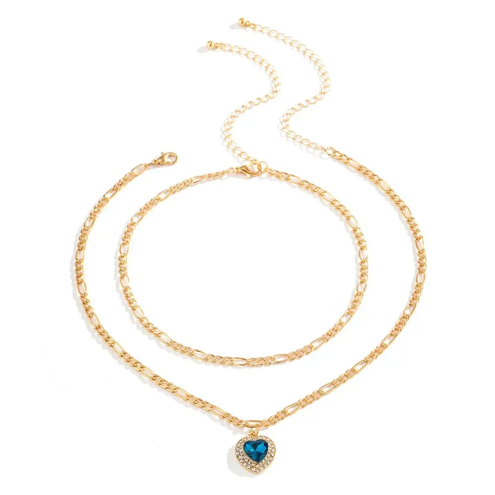

2Pcs/Set Romantic Rhinestone Love Heart Pendant Necklace Multi Layered Gold Color Thin Choker Necklaces Collar for Women Jewelry