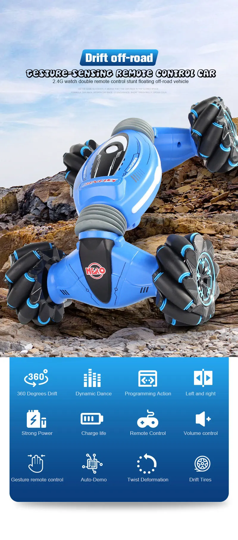 Remote Control Stunt Car Gesture Induction Twisting Off-Road Vehicle Light Music Drift Dancing Side Driving RC Toy Gift for Kids