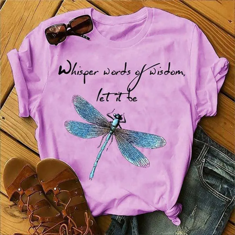 Женская модная повседневная Осенняя Футболка с принтом стрекозы и шепот слова