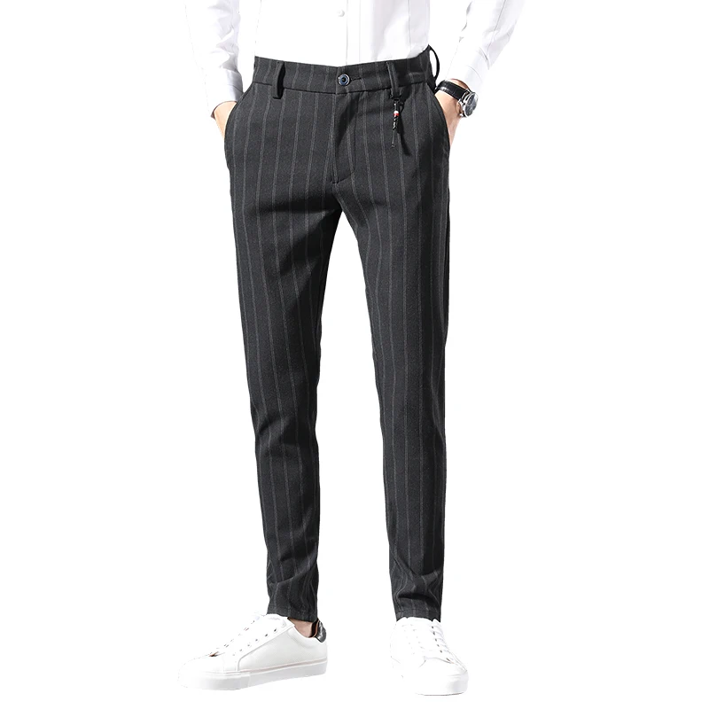

2021 spring autumn fashion high quality men's slim casual stretch trousers men stripe business formal trousers Long Pant Brand
