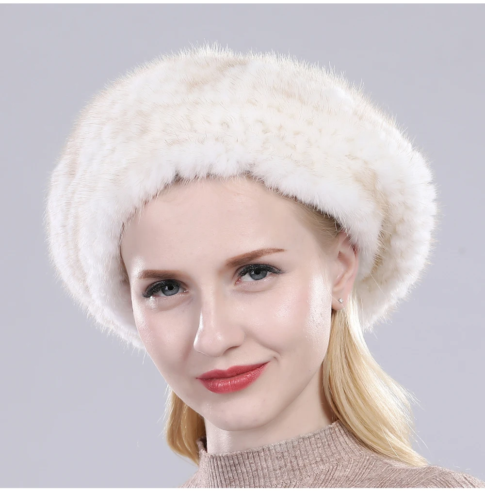 Hot Sale Russia Women Winter Real Mink Fur Berets Hat Hand Knitted Real Natural Mink Fur Cap Lady Luxury Real Mink Fur Hats