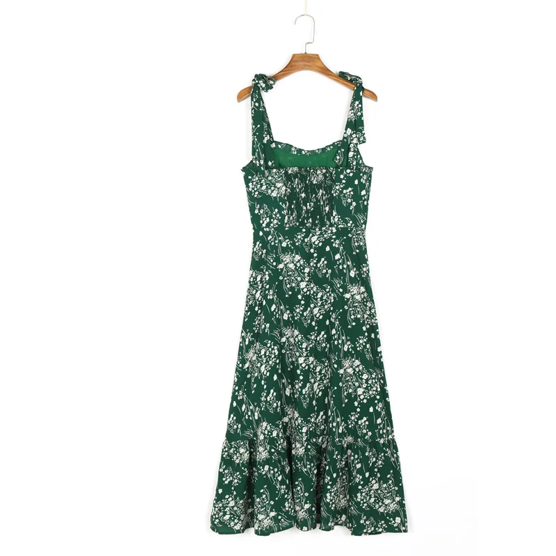 

Summer Women's Casual Flower Printed Bowknot Decorated Slim Sling Dress Vestidos