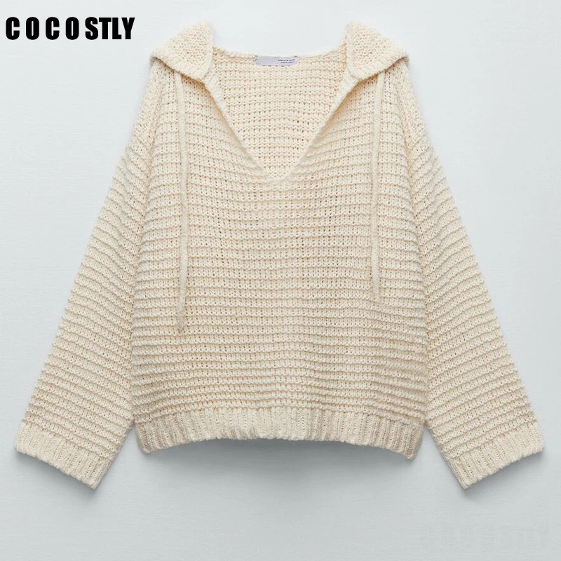 

New Autumn Za Women Sweater Long Sleeve Lacing College Loose Casual Hooded Knitting Pullover Hollow Out Sweater Chic Tops