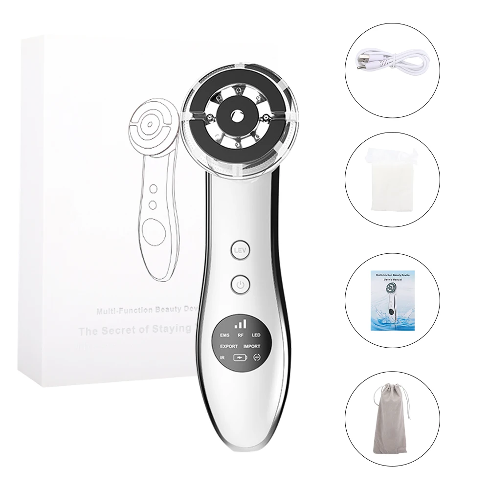 

Iontophoresis RF Radio Frequency Beauty Device LED 5 Colors Light Skin Rejuvenation Instrument Ultrasonic Vibration Cleanser