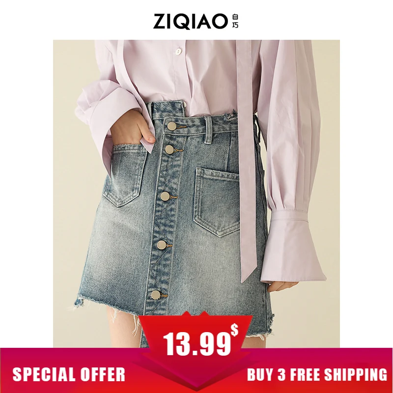

ZIQIAO Women Light Denim Blue Button-shaped Decorative Pocket Asymmetric A-line Mini Skirts