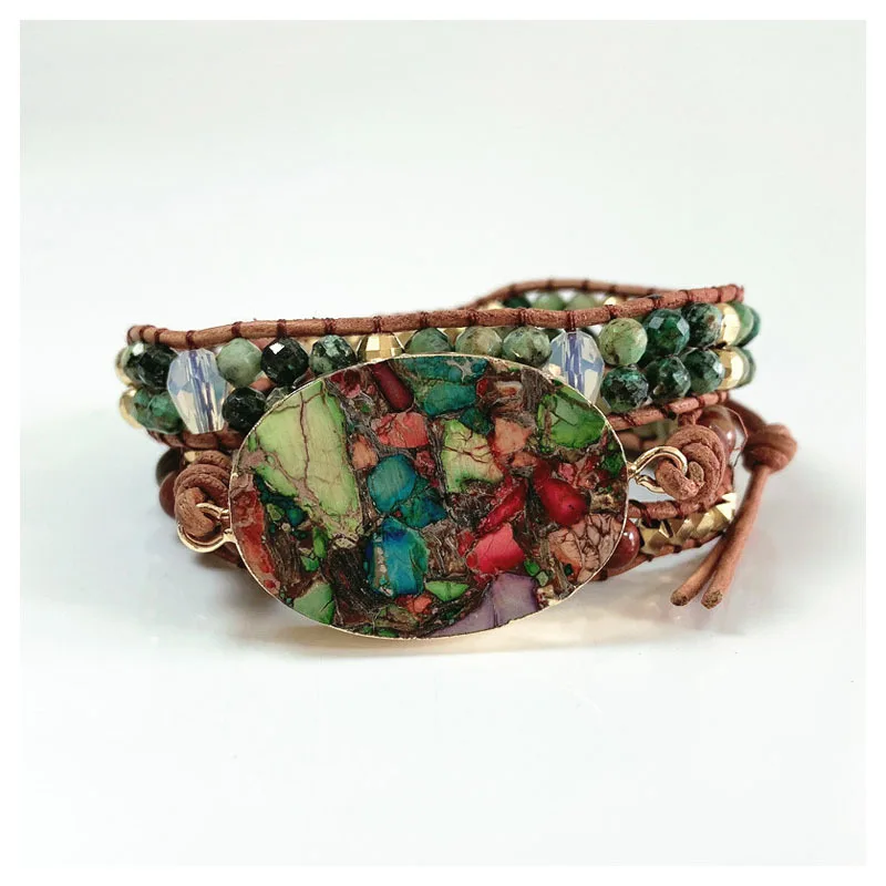 

Women Leather Bracelets High End Mix Natural Stones 3 Strands Wrap Bracelets Vintage Weaving Bead Bracelet Dropshipping2021