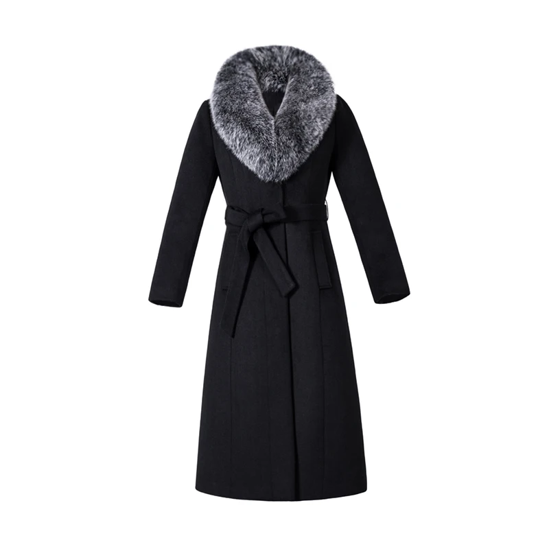 

Autumn Coat Woman 2021 Cashmere Winter Overknee Thick Warm Wool Coat Real Fox Fur Collar Oversize Thickened Woolen Trench black
