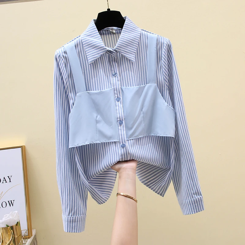 

2020 Autumn Women's Turn Down Collar Long Sleeves Stripe Patchwork Shirt Ladies Casual Shirts Blouse Tops Blusas A3930