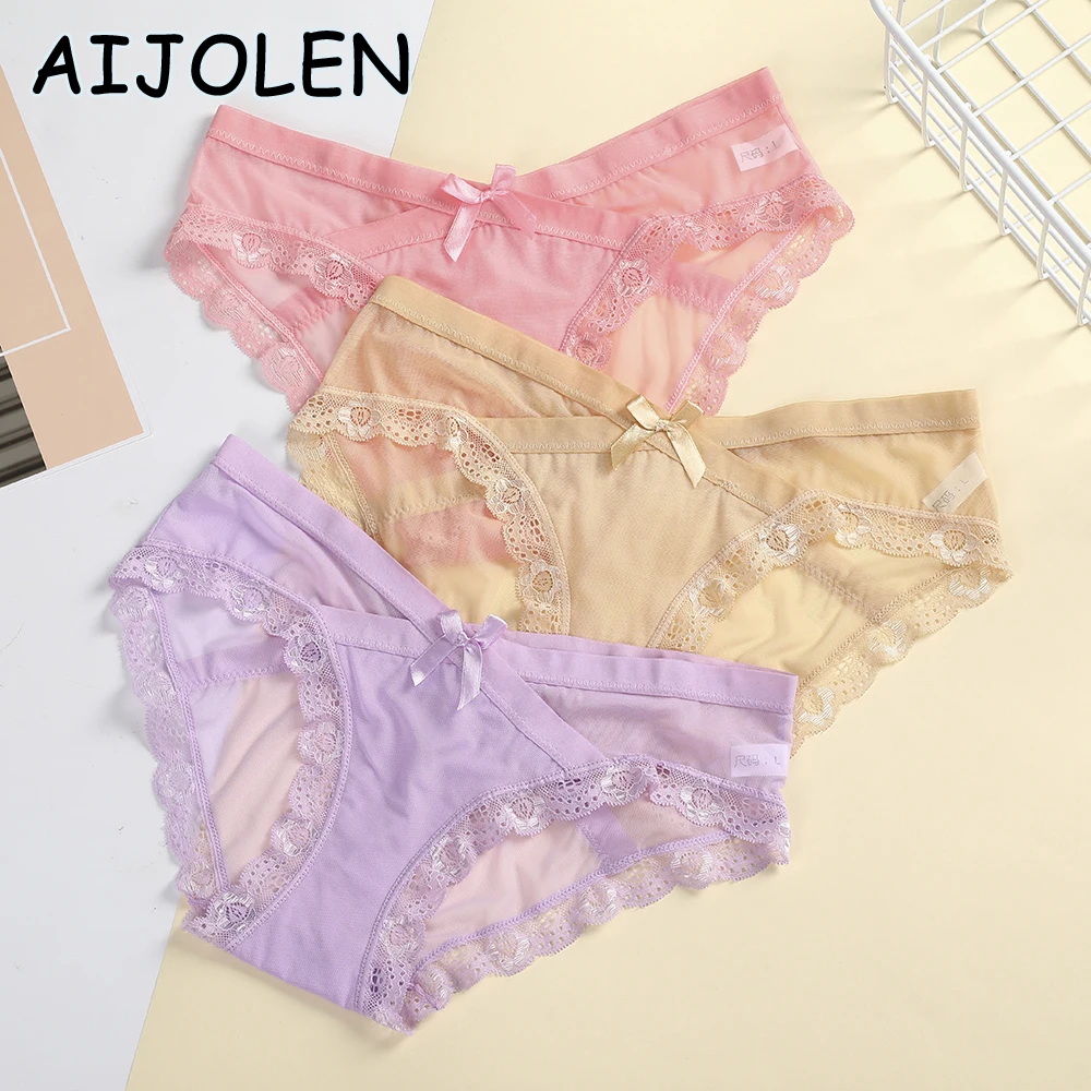 

AIJOLEN Sexy Women's Panties Solid Color Lace Bow knot Underwear Loose Elastic Panties V-Waist Underpants Transparent Mesh Brief