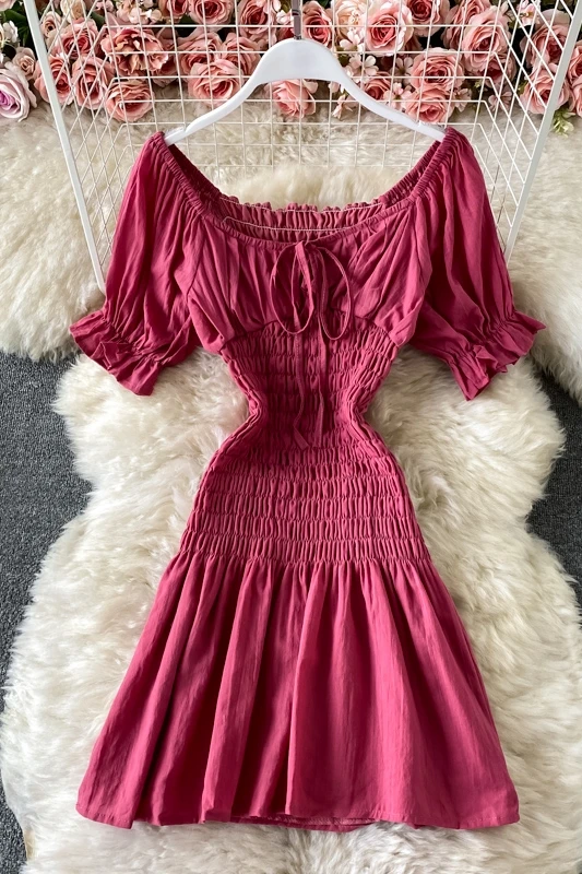 

2021 Fashion Slim Ruched Off Shoulder Summer Dress Women Elegant Puff Sleeve Ruffled Mini Dress Korean Girl Pink Party Dress