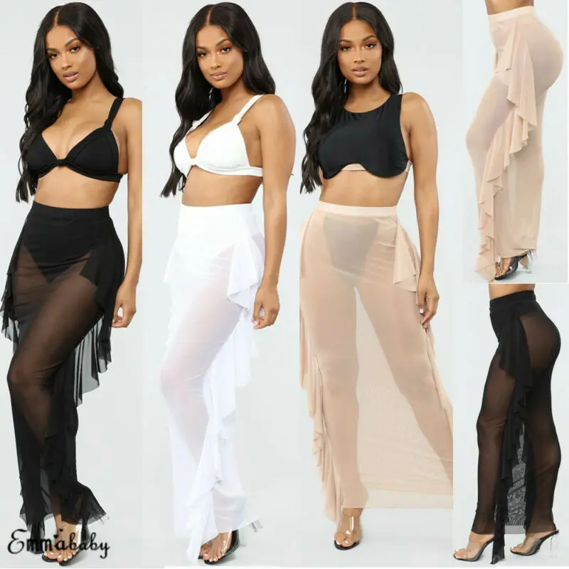 Women Package Hip Skirts Sexy Mesh Side Ruffles High Waist Bikini Cover Up Sheer Beach Long See-through Chiffon Swim Wear | Женская