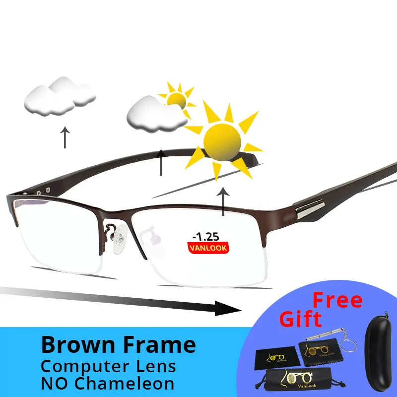 Brown-1.25 Близорукость, мужские компьютерные очки, фотохромные солнцезащитные очки, хамелеон, анти синий луч, игровой прицел по рецепту-1,25-1,75-5-5,5-6,0 - Цвет оправы: Brown-1.25