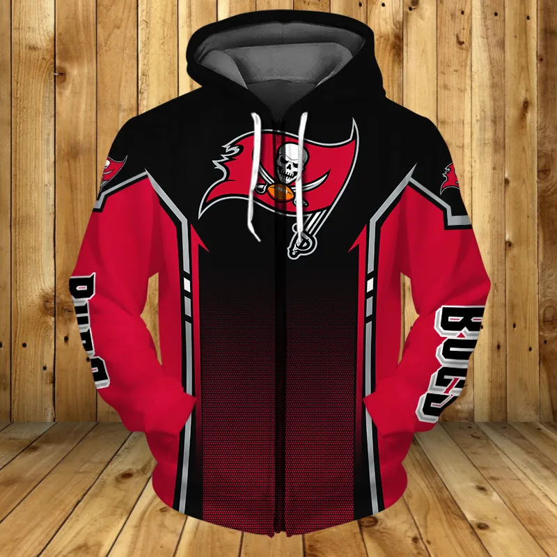 

2021 Tampa Bay Men's Cool Football Top Sportswear Red and Black Spots Stitching Jolly Roger Print Pirate 3D Zip Hoodie Jacket