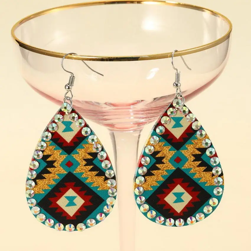 

Western Fashion AB Crystal Encircle Teardrop Leather Earrings for Women Aztec Style Zigzag Pattern Statement Earrings Wholesale