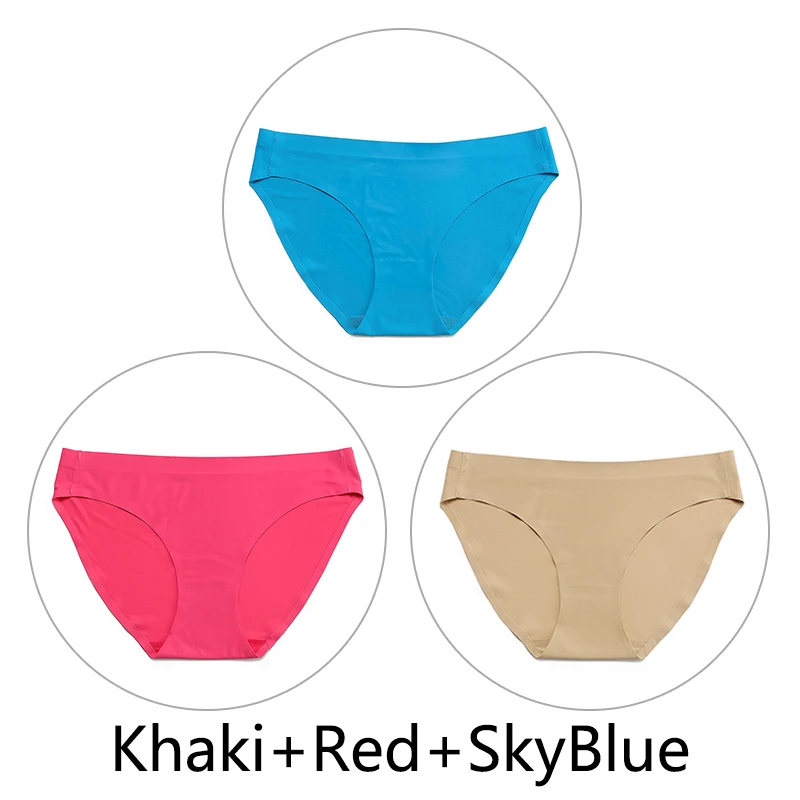 Khaki-Red-SkyBlue 3 шт./партия, цельные бесшовные трусики, женское шелковое нижнее белье, сексуальные трусы с полной спинкой, нижнее белье с низкой посадкой, женское мягкое эластичное, американский размер - Цвет: Khaki-Red-SkyBlue