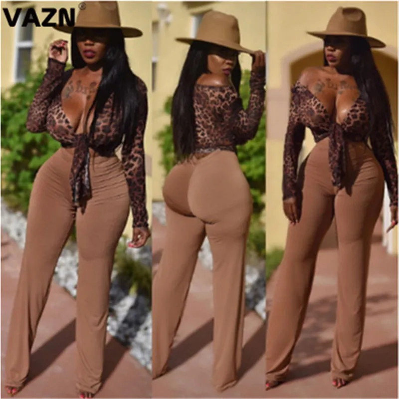 Leopard VAZN MOM5015 повседневные спортивные костюмы с леопардовым принтом для ночного клуба, стильные брюки-карандаш длинные штаны с длинными рукавами, однотонные шифоновые женские комплекты из 2 предметов - Цвет: Leopard