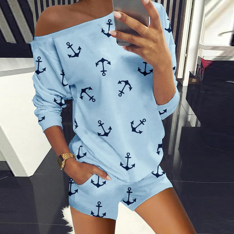 

Donsignet Fashion Women's Shorts Outfits Summer O-Neck Anchor Print Short-sleeved Crop Top Casual Shorts Two Piece Outfits