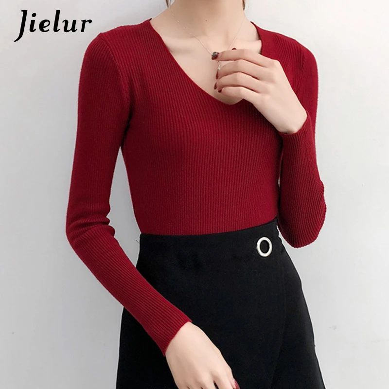 Jielur модные тонкие однотонные свитера для женщин шикарный v-образный вырез