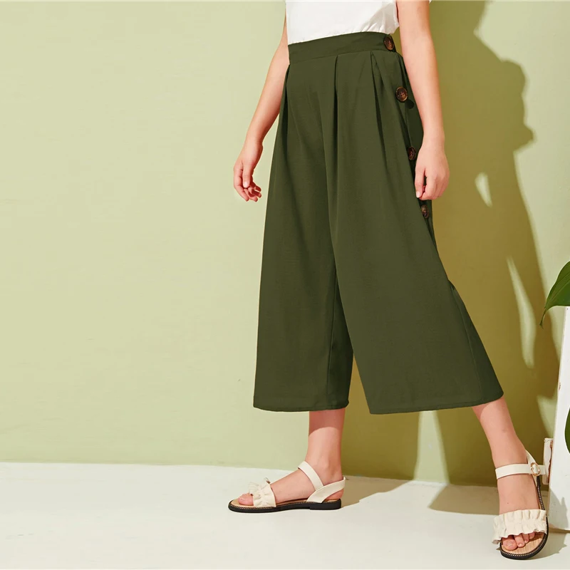 SHEIN Kiddie Girls Solid Button Side Pleated Palazzo Casual Pant Kids Bottom Summer High Waist Teenagers Loose Pants
