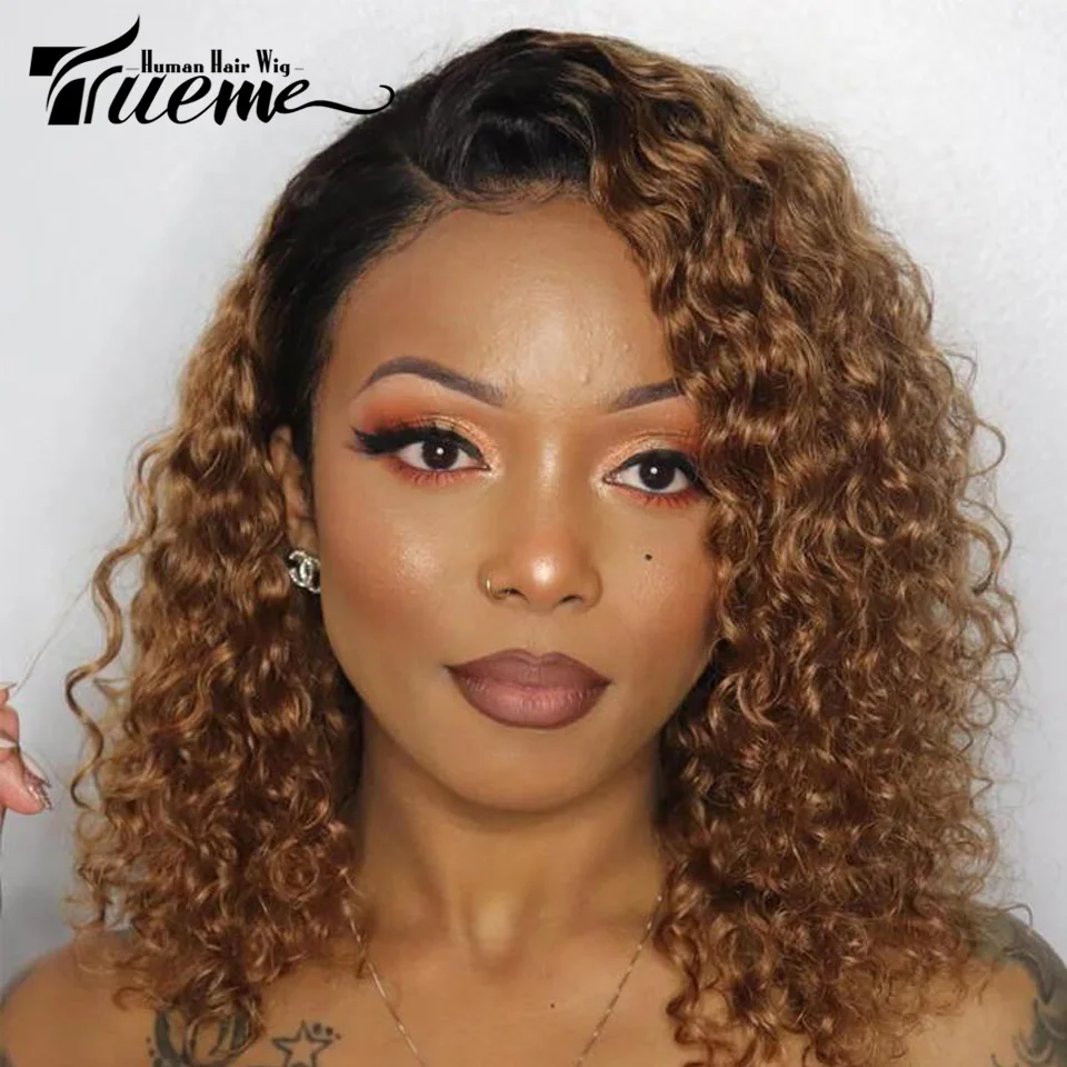 

Trueme Ombre Short Curly Bob Human Hair Lace Wig Brazilian Remy Kinky Curly Lace Front Bob Wig Curly Pixie Cut L Part Lace Wig