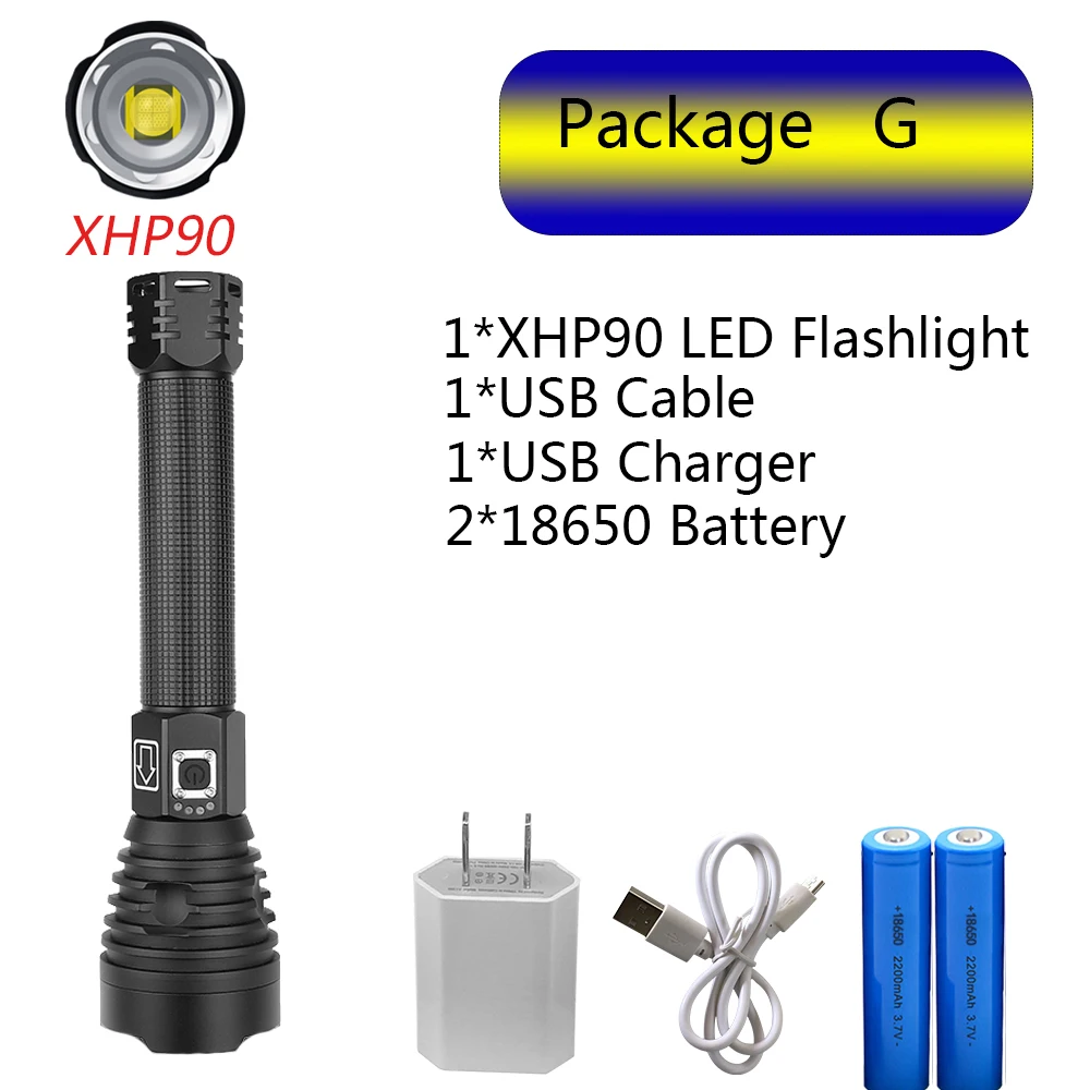Package G Самый мощный светодиодный светильник XHP70 с подзарядкой от USB, фонарь с зумом XHP50, ручная лампа 26650, 18650, светильник с батареей - Испускаемый цвет: Package G